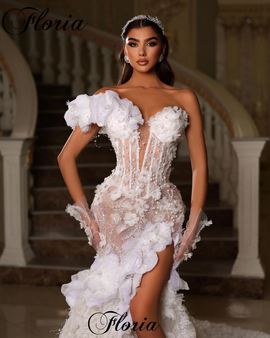 Illusion White Mermaid Evening Dresses With Flowers Pearls Mermaid Celebrity Dresses With Side Slit Engagement Robes De Soirée