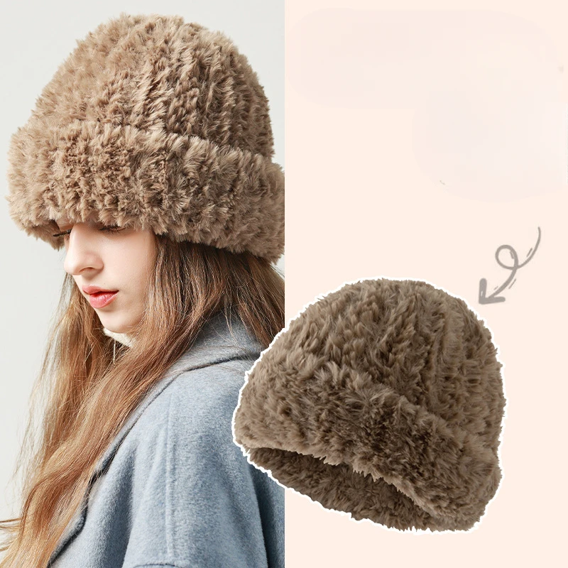 

2024 Autumn Winter Women Running Warm Furry Hat Ear Protection Loose Hat Versatile Knitted Small-Face Woolen Hat