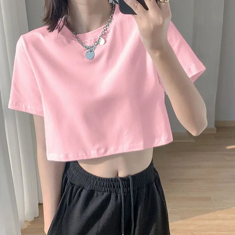 Summer Fashion Women\'s Clothing Top Y2K loose  Short Sleeve T-shirt Sexy Solid Color Street Women Crop Top