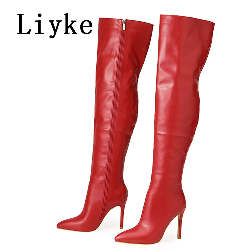 Liyke Sexy Motorcycle Red Leather Thigh High Over The Knee Boots Women Stiletto Heels Pointed Toe Zip Ladies Long Booties Shoes