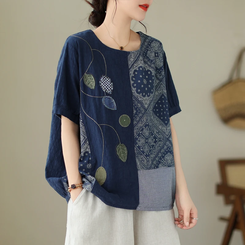 

Loose Casual Women's T-irt ort Sve Embroidered Print Le Splicing Vintage Artistic Striped Design Summer Faion Top