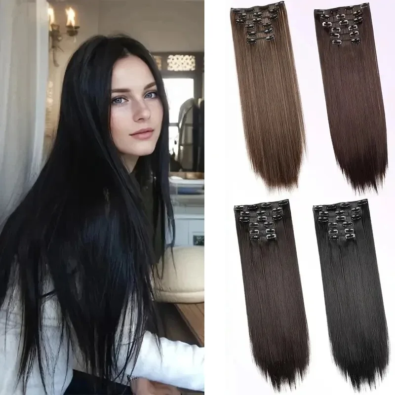 

Synthetic 6pcs/set Long Straight Clip-in Hair Extension Invisible Seamless Extension Black Brown Hairpiece for Women