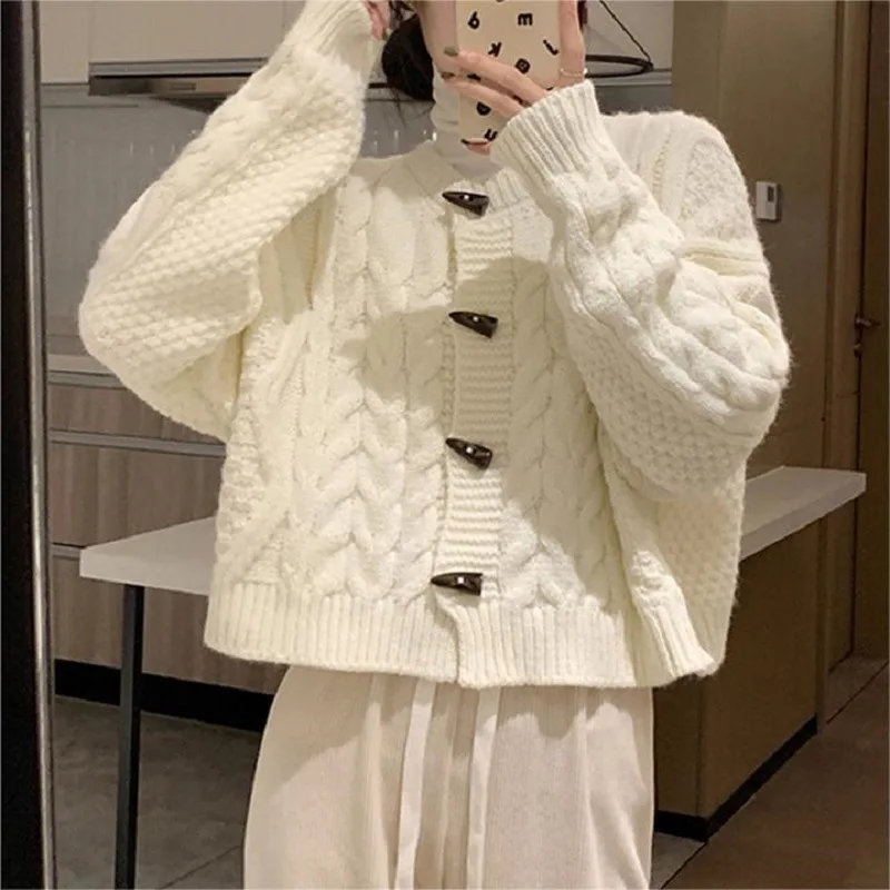 Horn Button Buckle Twist White Knitted Cardigan Single Breasted Women O Neck Loose Sweater Outwear Top 2025 Autumn Winter