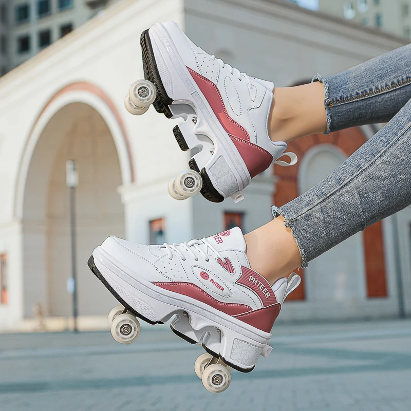 ハイトップ レディース 4 輪ローラーシューズ ファッショナブルなユニセックス ホイール付き 両用スケート カジュアル シューズ 自動ポップアップ スニーカー