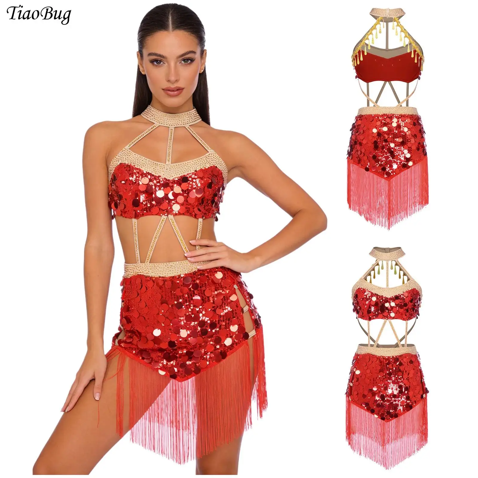

Womens Glittery Sequins Latin Dance Leotard Dress Rhinestone Halter Tassel Fringed Bodysuit Tango Cha-cha Salsa Belly Dancewear