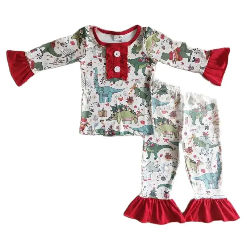 

2022 Baby Western Girls Christmas RTS Red White Dinosaurs Long Sleeve Shirt Pants Girls Suits Hot Selling For Kids Fashion