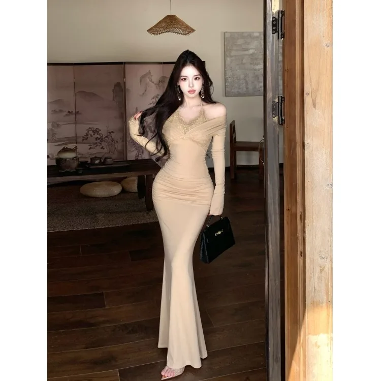 

High Waist Pleated Long Sve T-irt Top And Lace Splicing Long Skirt Two Piece Set Women's Faion Autumn Cotton Knitted D...