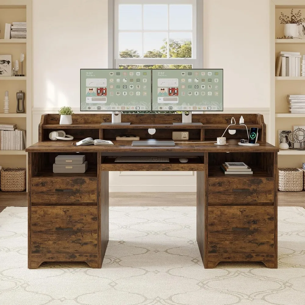 

Farmhouse 59 Executive Desk with Drawers, Wood Computer Desk with Charging Station, Home Office Desk with Keyboard Tray