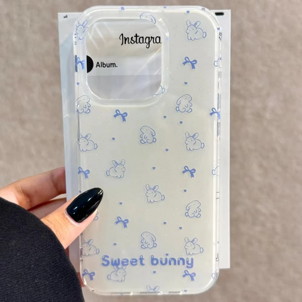 Чехол для телефона Kawaii Cartoon Lines Bunny Bowknot Love для iPhone 16 ProMax 15 14 Plus 13 12 11 Pro, противоударная силиконовая задняя крышка