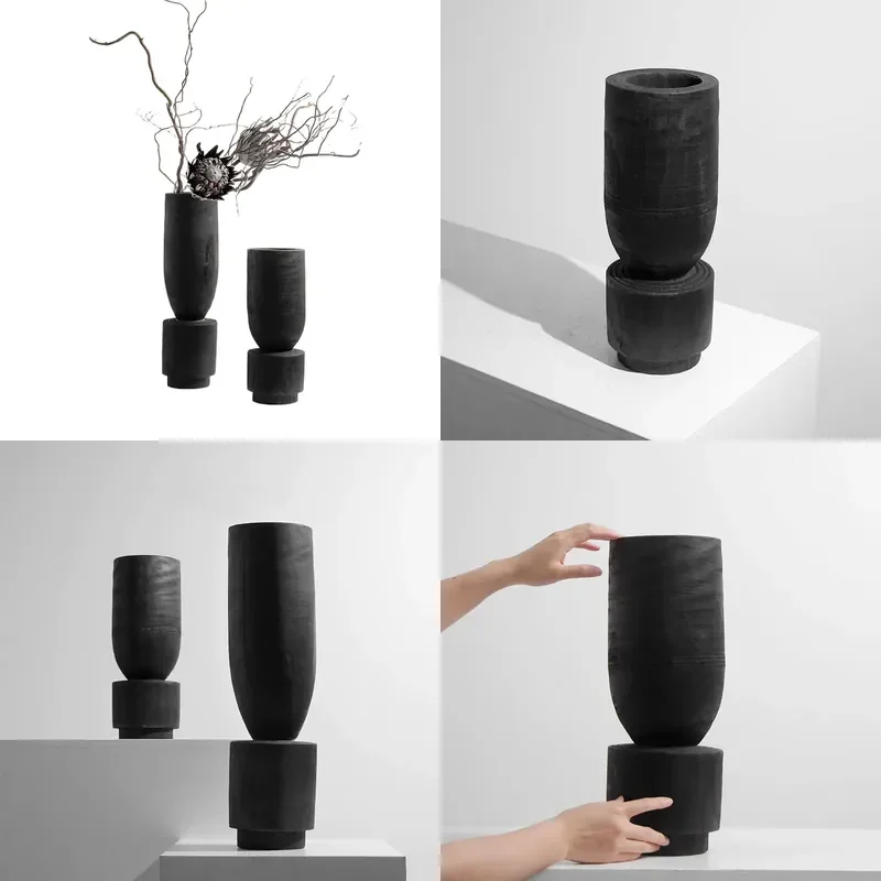 for Wabi Stillwind Carbonized Wood Vase Ornament B B Model House Soft Decoration Solid Wood Flower Arrangement New Chinese
