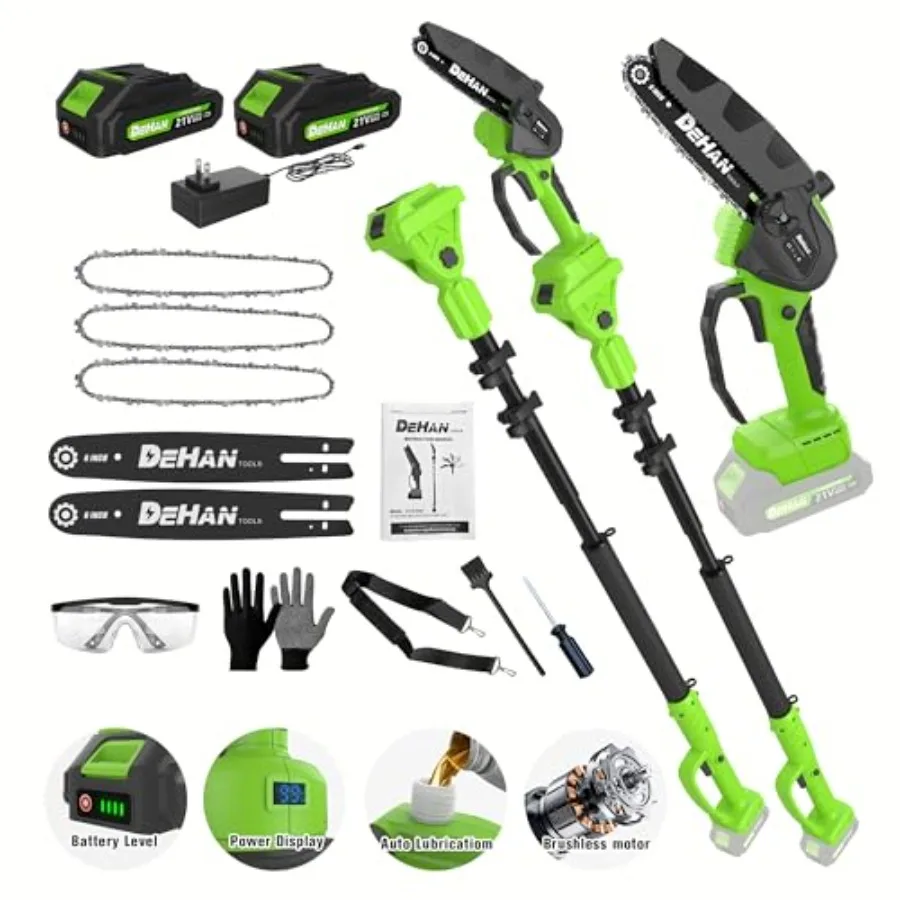 

Tree trimming and wood cutting tool: electric pole saw with brushless motor 21V battery green color 15FT max reach rotatable po