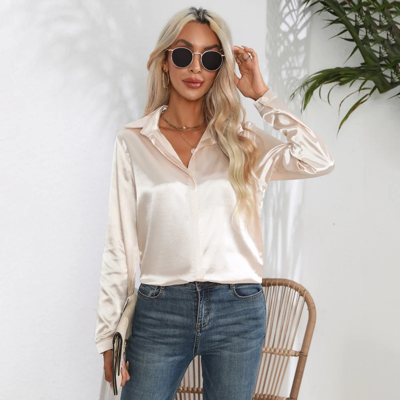 Spring Autumn Satin Shirt Women V Neck Long Sleeve Office Shirt Blouses Ladies Black White Silk Loose Shirts For Women