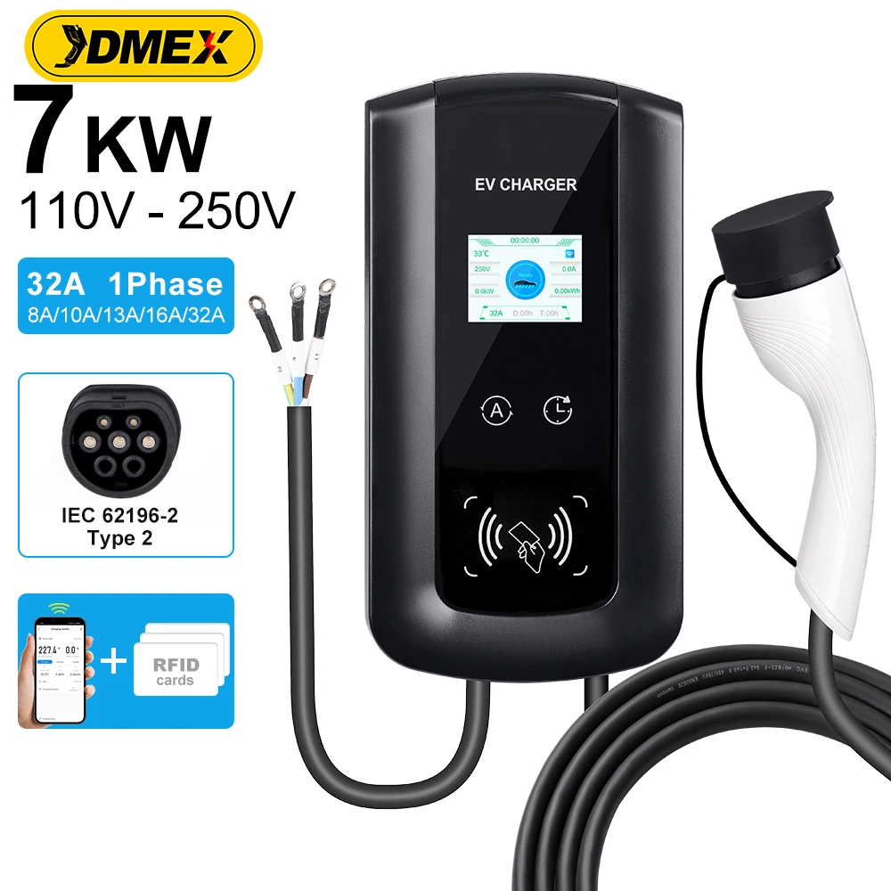 JDMEX EVSE Wallbox 32A 7KW EV Charger Type2 Plug IEC62196-2 Socket 1 Phase 5m Cable Wallmount Charging Station for Electric Car