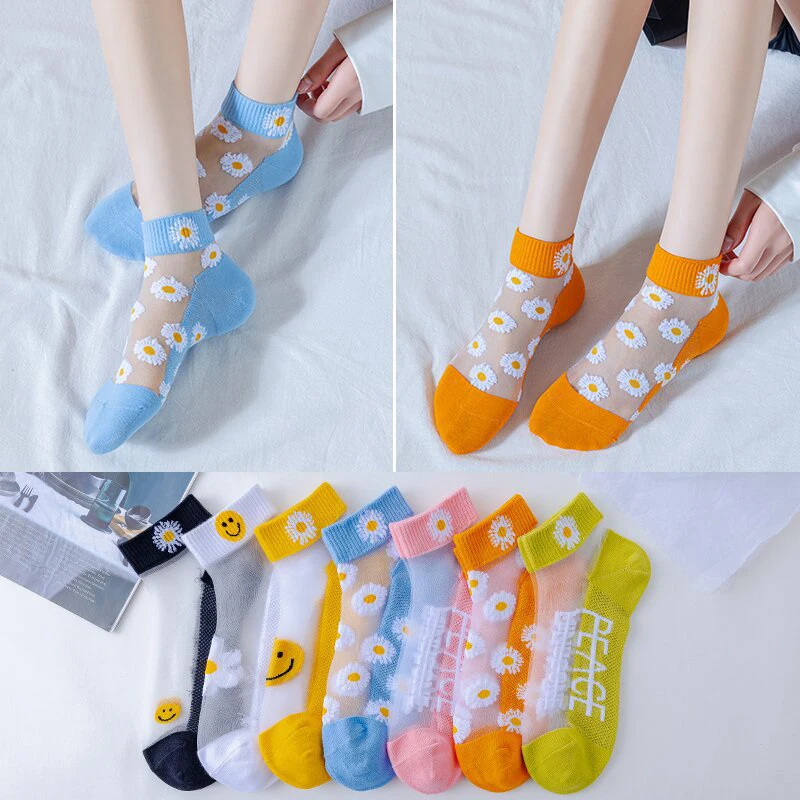 

5Pairs Summer Woman Silk Socks Ankle Lace Ultra-thin Girl’s Transparent Glass Fiber Fashion Daisy Flower Harajuku Cute Style New