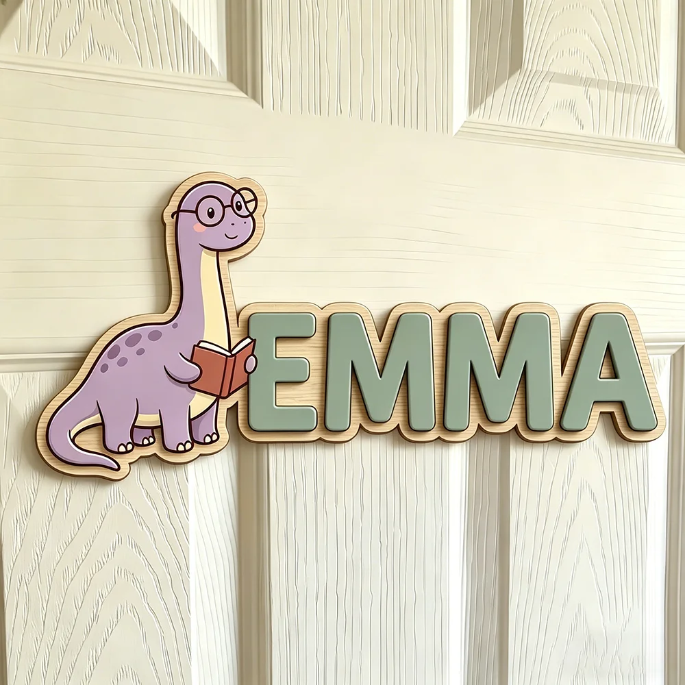 Whimsical Nerdy Dinosaur Custom Name Plaque for The Dearest Baby, Unisex Study-Themed Nursery Decor view 3