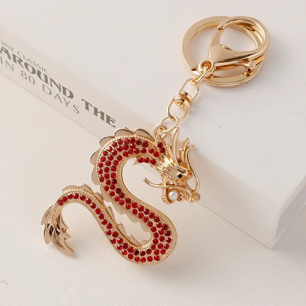 Chinese Year of The Dragon Keychain Cute Car Key Chain Women Bag Accessories Key Ring  Rhinestones Metal Pendant 2024