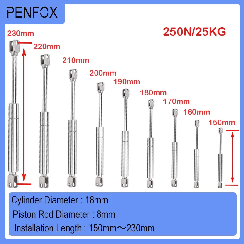 

1 PC 150mm-230mm 250N/25KG Medical Equipment Food Machinery Pneumatic Gas Spring Yacht Hydraulic Support Rod 304 Stainless Steel