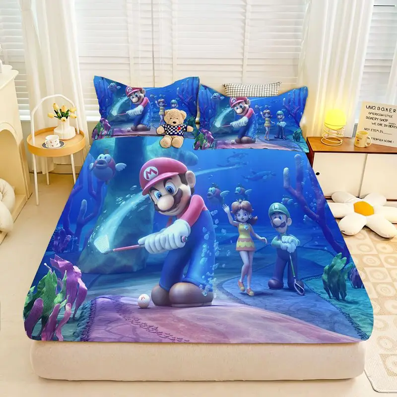 Ropa de cama de Super Mario, Sábana bajera individual/Queen/King, juego de Anime, con banda elástica, decoración de dormitorio, regalo