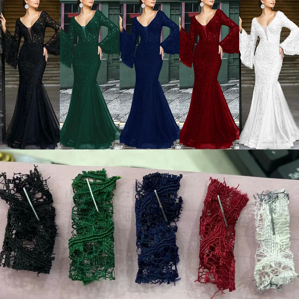 黒レース刺繍スリムフィットイブニングドレスフィッシュテールレディースドレスクロスボーダー新作長袖ミッドウエストポリエステル繊維