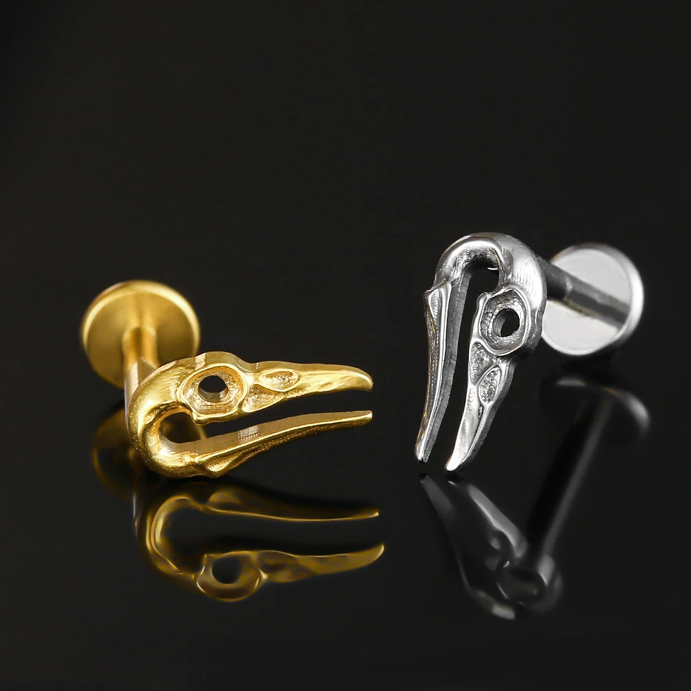 Twolobes 1PC ASTM F136 Titanium Gothic Crow Skull Labret Stud Internal Thread Bird Skull Nose Stud Cartilage Helix Piercing