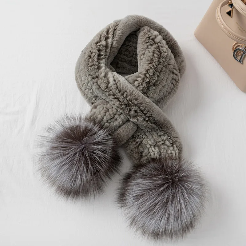 Real Rex Rabbit Fur Scarf Natural Fur Scarf With Silver Fox Fur Ball Long Fur Scarf Women Winter Thickened Hand Knitted Scarf