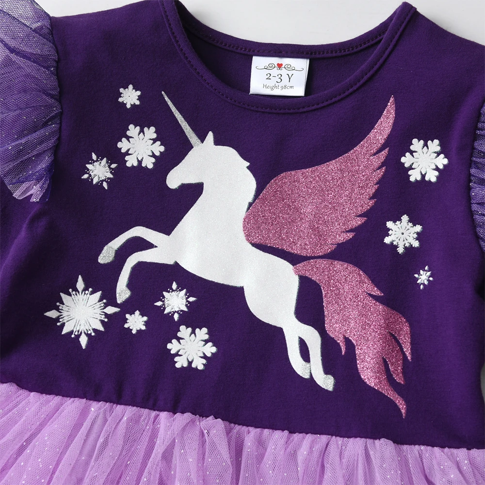 VIKITA Unicorn Kids Dress 2024 Christmas Party Children Costume Flying Sleeve Princess Girls Dress Snowflake Winter Girls Clothe