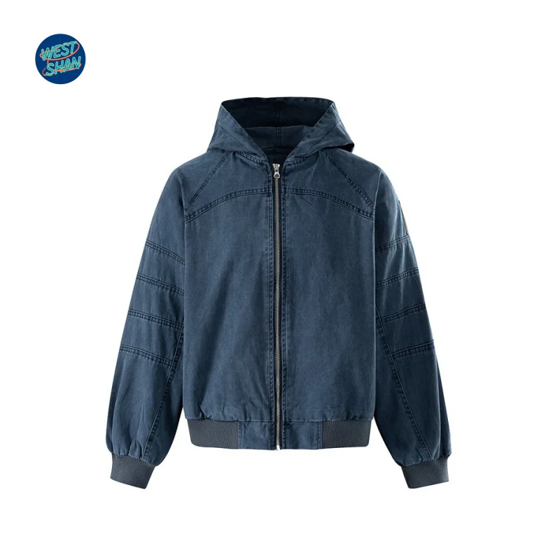 WESTSHAN أعلى جودة الاتحاد الأوروبي الولايات المتحدة حجم خمر الثقيلة غسلها القطن عمال الدنيم هوديي الرجال فضفاض معطف مقنع سترة #2