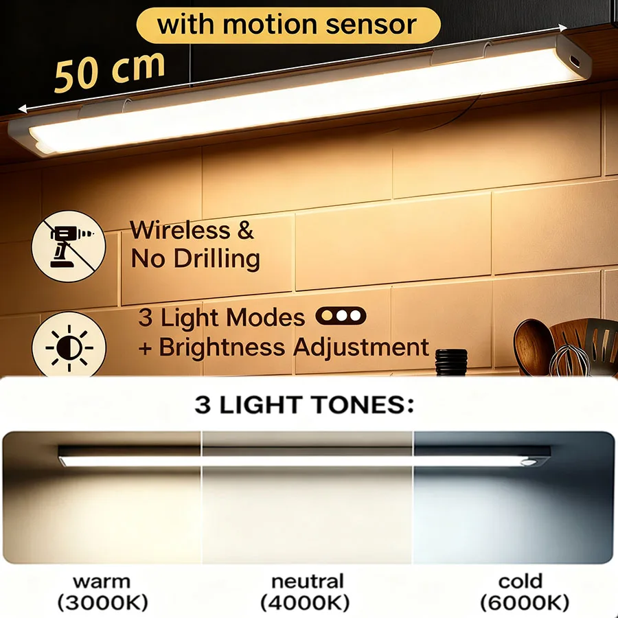 Cabinet Lights Wireless Motion Sensor LED Bar Light Rechargeable Magnetic for Kitchen Closet Night Light Indoor Lighting