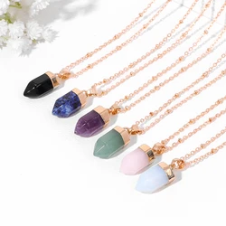 2024 New Hexagon Column Stone Necklace Natural Amehtysts Quartzs Obsidian Gem Charm Necklace Choker Fashion Female Jewelry Gift