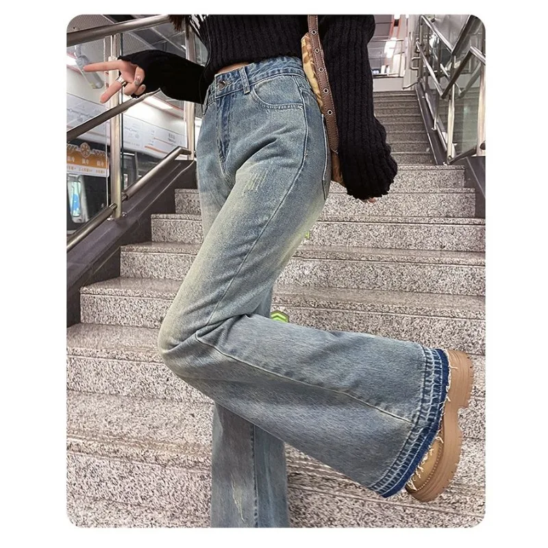 

Прямые брюки с высокой талией, свободный крой, женские джинсы, широкие брюки, осенний новый стиль, эластичные джинсовые брюки для девочек