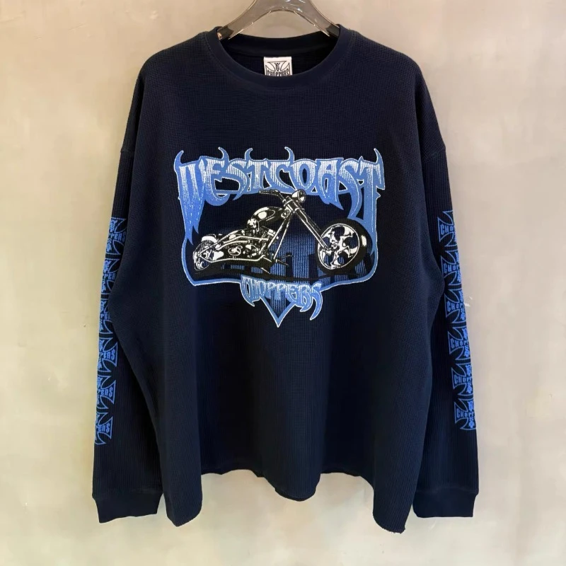 Camisetas de manga larga azul marino con estampado de motocicleta West Coast Choppers para hombre y mujer, sudaderas tipo waffle de talla grande.