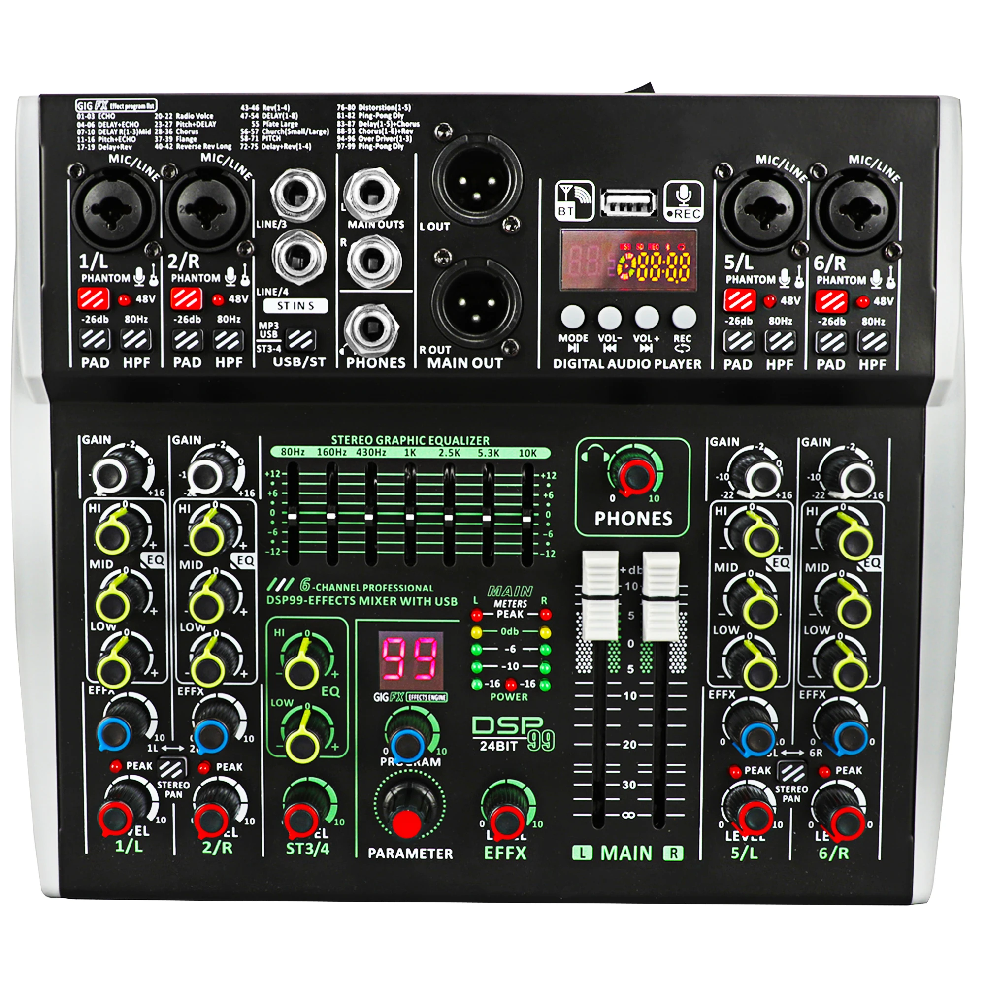 6 channel professional mixing console,99DSP effect Metal Sound Board Console System digital USB Bluetooth mp3 48V