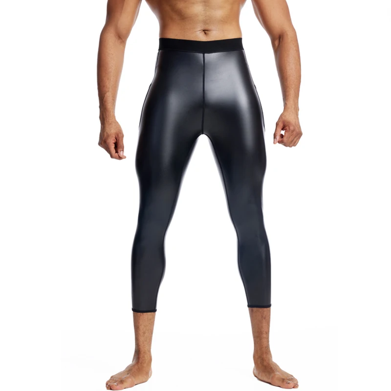 Men Leather Stretchy Casual Biker Club Party Pants Body Shapers Waist Trainer High Waist Leggings Fitness 9pts Pants with Pocket