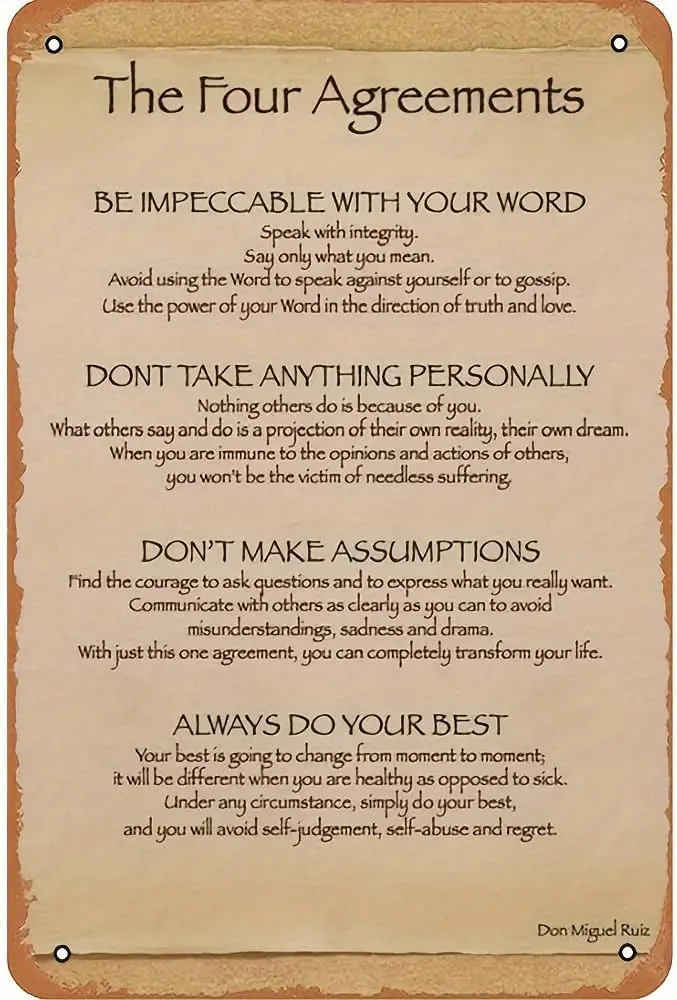 Four Agreements for Inner Peace - Funny Cartoon Vintage Plaque for Home, Restaurant, Bar, Cafe (8x12 Inch) sign