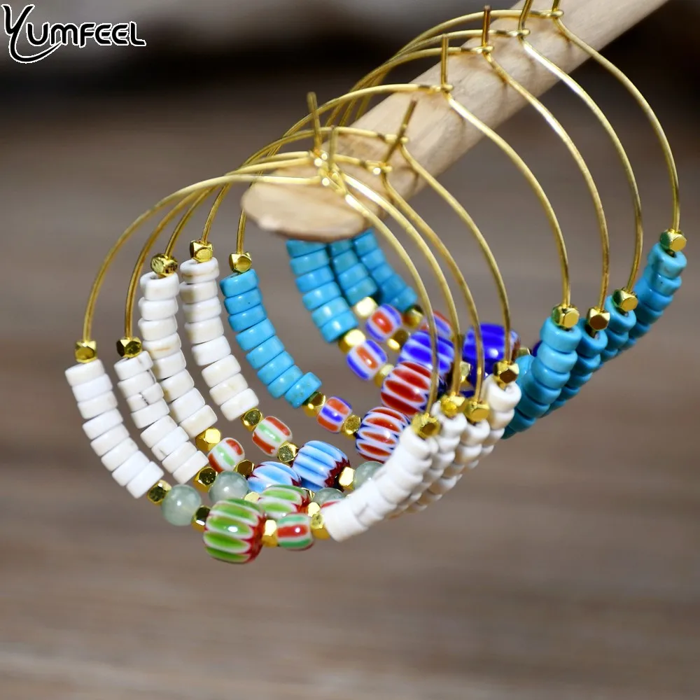 Yumfeel New Boho Blue  Stone Beaded Earrings Women Fashion Statement Golden big hoop Earrings