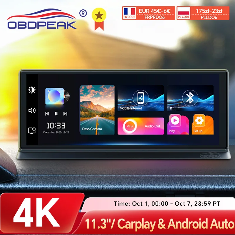 K2 Pro 11.3 "Cam de tableau de bord 4K 2160P voiture DVR enregistrement Carplay et Android Auto connexion sans fil 5G WiFi GPS tableau de bord de