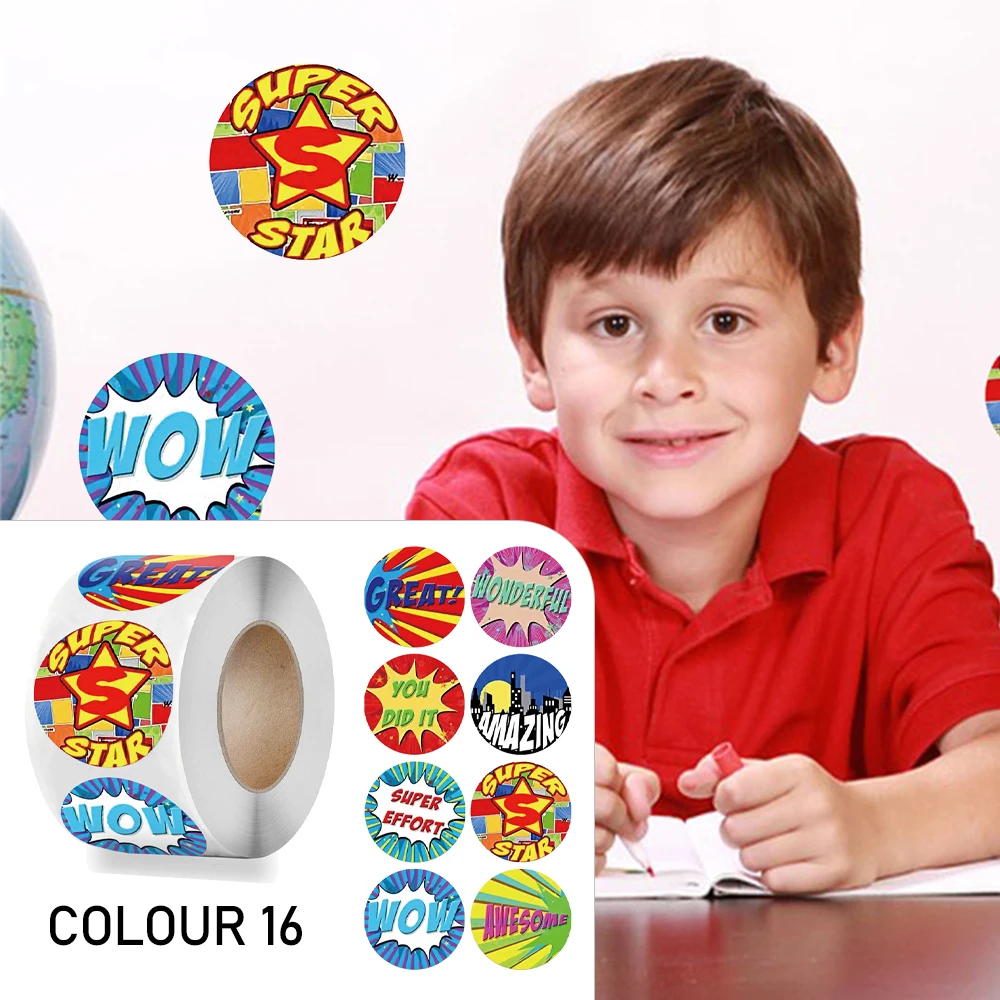 New 500pcs/Roll Super Hero Reward Designs Stickers Encouragement Scrapbooking Paper Seal Students Kids Stationery 2.5cm Stickers