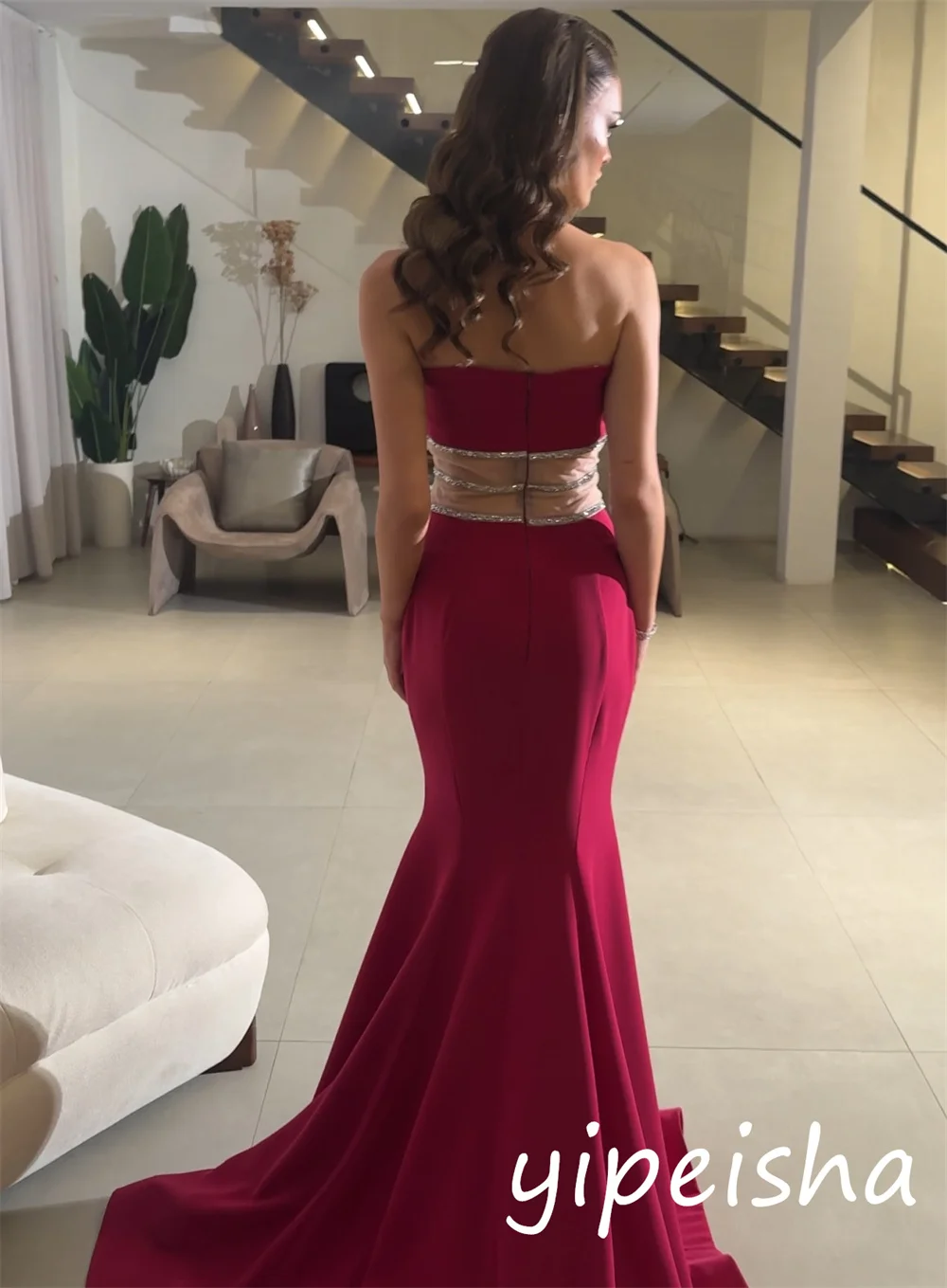 تخصيص كلاسيكي رائع جيرسي مطرزة الطية البوق حمالة فساتين طويلة مناسبة مخصصة بسيطة #3