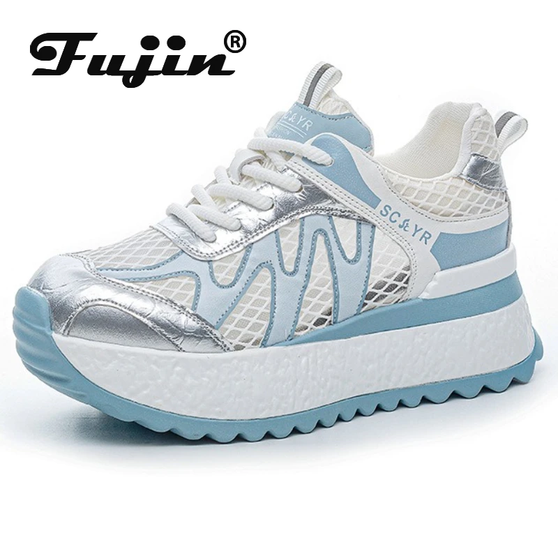 

Fujin/женская летняя сетчатая обувь 7 см, туфли-лодочки, полые массивные кроссовки, шлепанцы, сандалии на платформе, танкетке из микрофибры, на танкетке