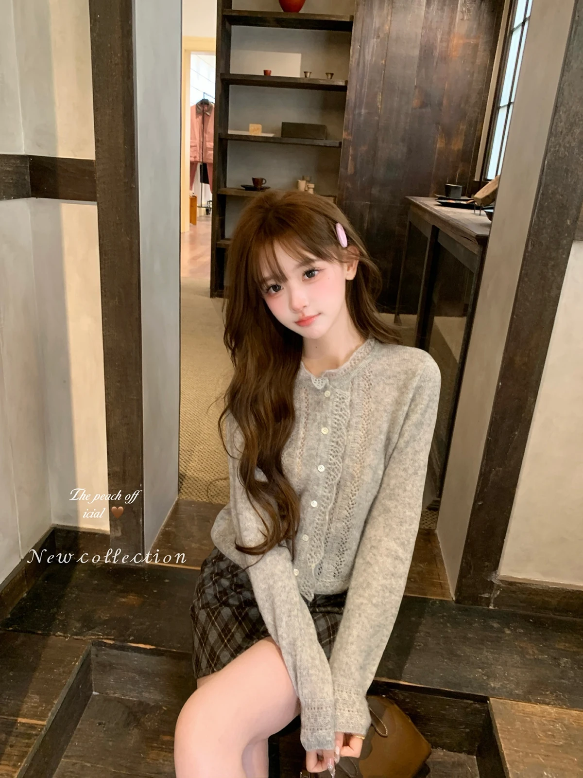 

ThePeachOfficial Korean Sle Lace Hollow out Knitted Long Sve Cardigan Stand Collar Camere Women's Warmth Faion