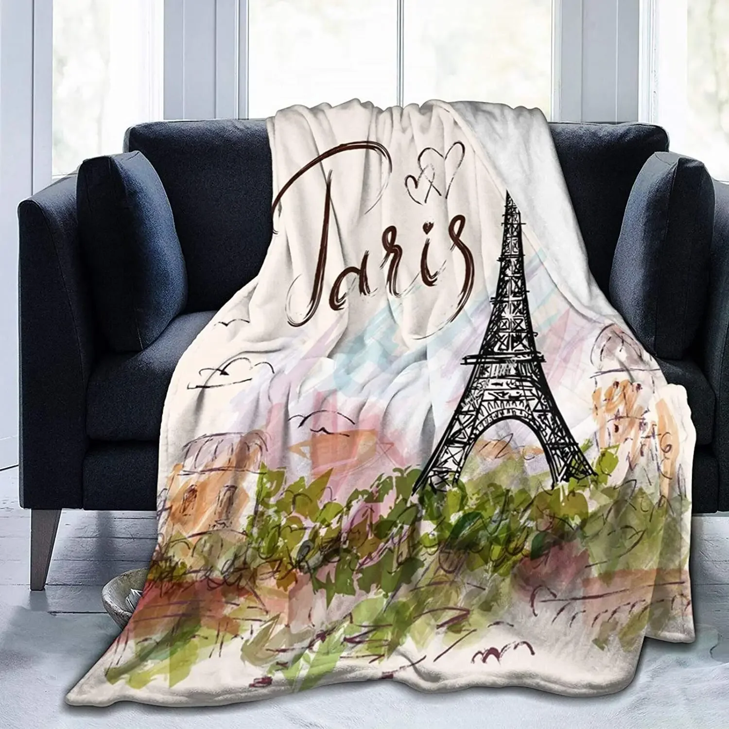 Eiffel Tower Flannel Throw Blanket Paris French Romantic Theme Blanket for Sofa Bed Car Travel Gift Lightweight Warm Super Soft