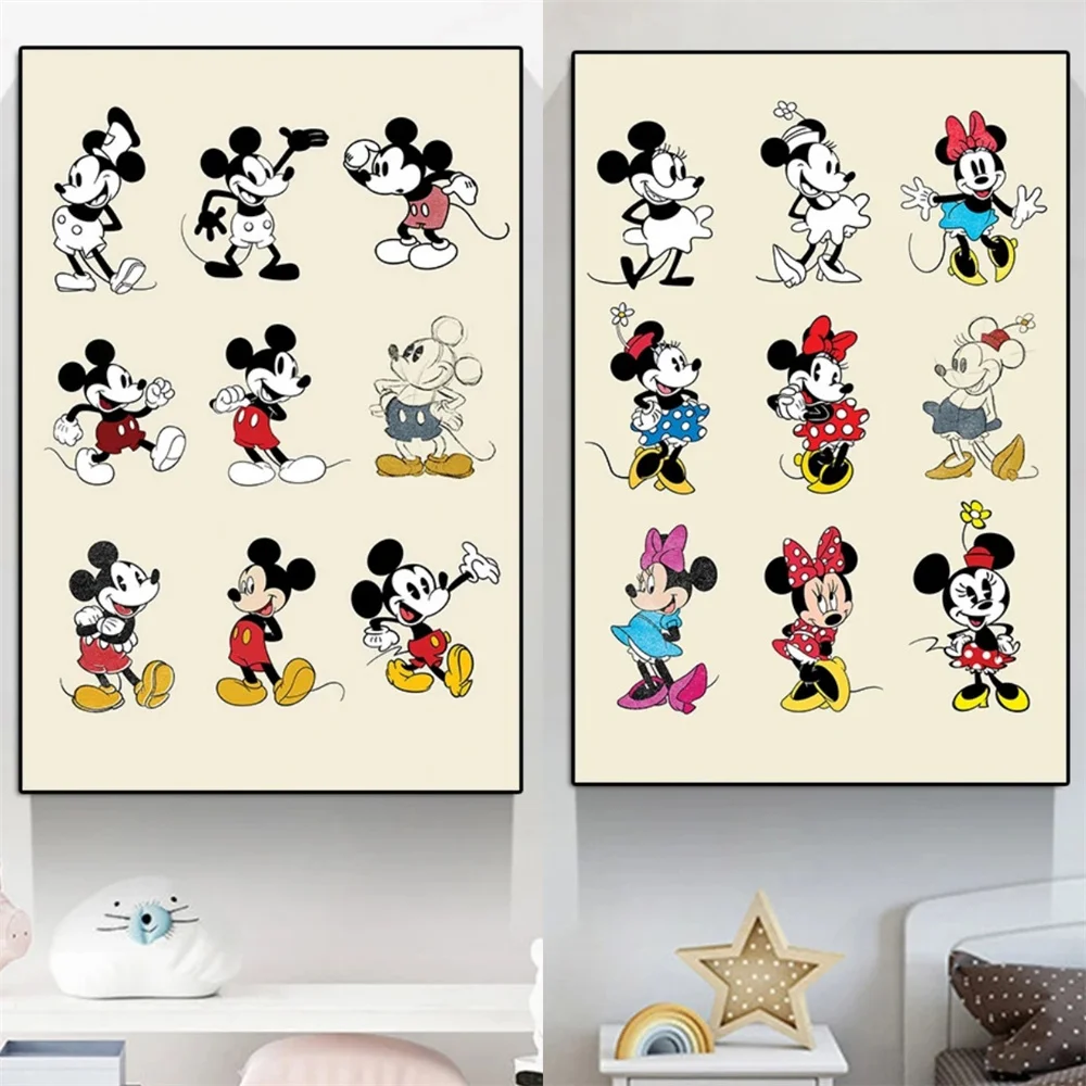 Disney Comic Illustration Kids Room Poster Print Nursery Wall Art Mickey And Minnie Mouse Evolution Canvas Painting Decor Gift