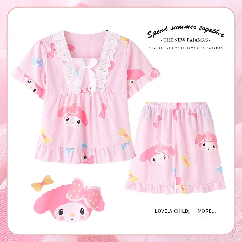 Kawaii Sanrio Kids Pajamas Hello Kitty Cinnamoroll Short Sleeves Shorts Set Sleepwear Summer Girl Homewear Child Clothes Suit