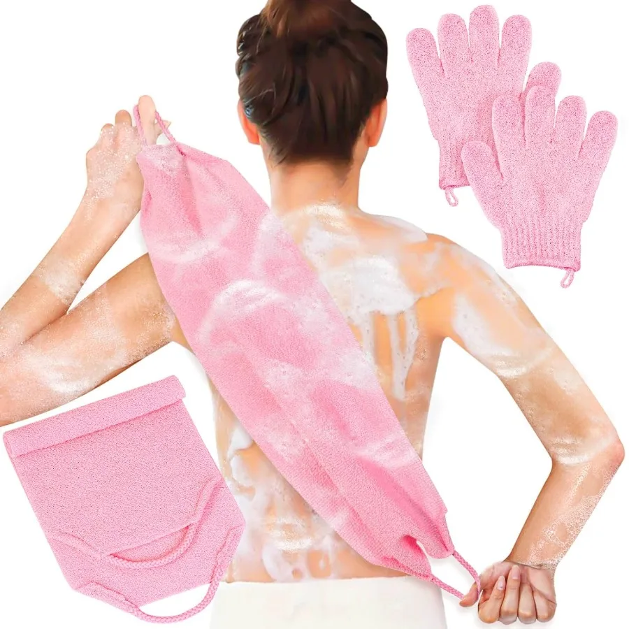 Peeling-Dusch-Badehandschuhe, Rückenschrubber-Set für Körper, Gesicht, Dusche, Badespeeling und Peeling, Rosa, perfekt für den täglichen Haut, Auto