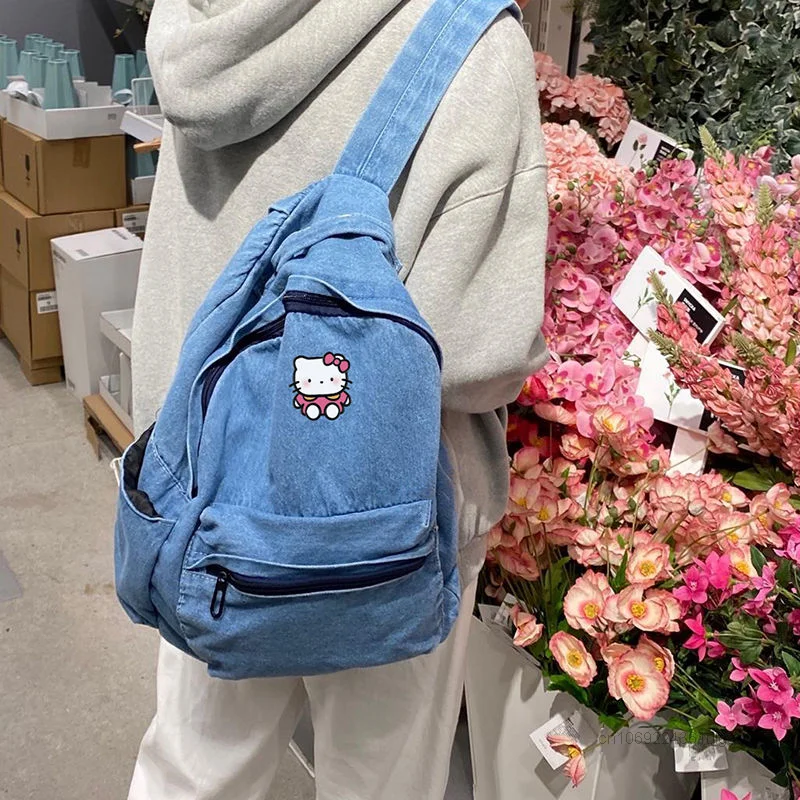 Sanrio Hello Kitty Bags Denim Canvas Backpack Y2k Student Large Capacity Korean Fashion Shoulder School Bag Women Cute Backpacks