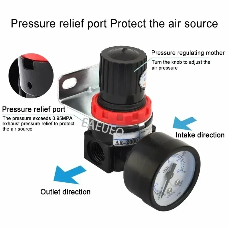 AR2000 G1/4'' Pneumatic Mini Air Pressure Relief Control Compressor Regulator Treatment Units Valve with Gauge 4MM-12MM Fitting