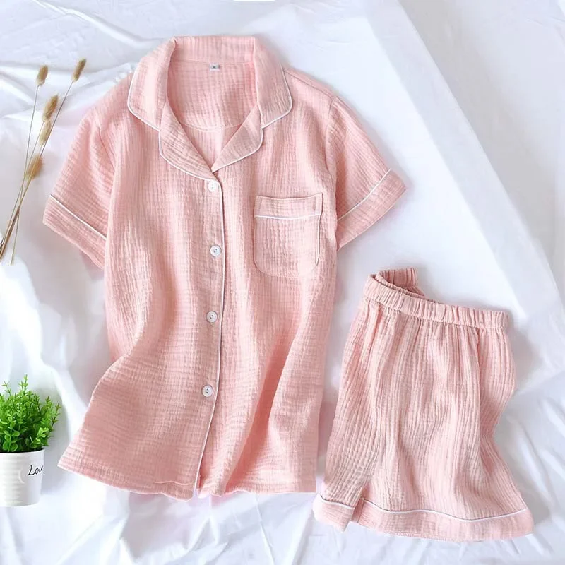 

2024 Summer New Loose Ladeis Gauze Cotton Solid Color Pajamas Set Short Sleeve+Pants Women Cute Fashion Homewear Casual Wear