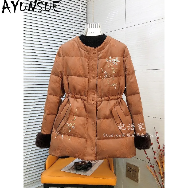 AYUNSUE Women's Goose Down Jackets Mid-length Women Winter Coats Fashion Mink Fur Cuff Outerwears Woman Clothes 2026 Ropa Mujer