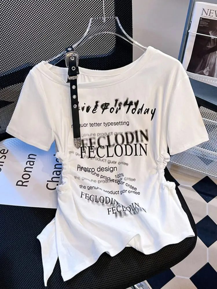 Summer 2026 Pure Desire Shoulder Bared Printed Slim Fit Short Sleeve T-Shirt Women's Asymmetrical Waist Cinching Design Korea...
