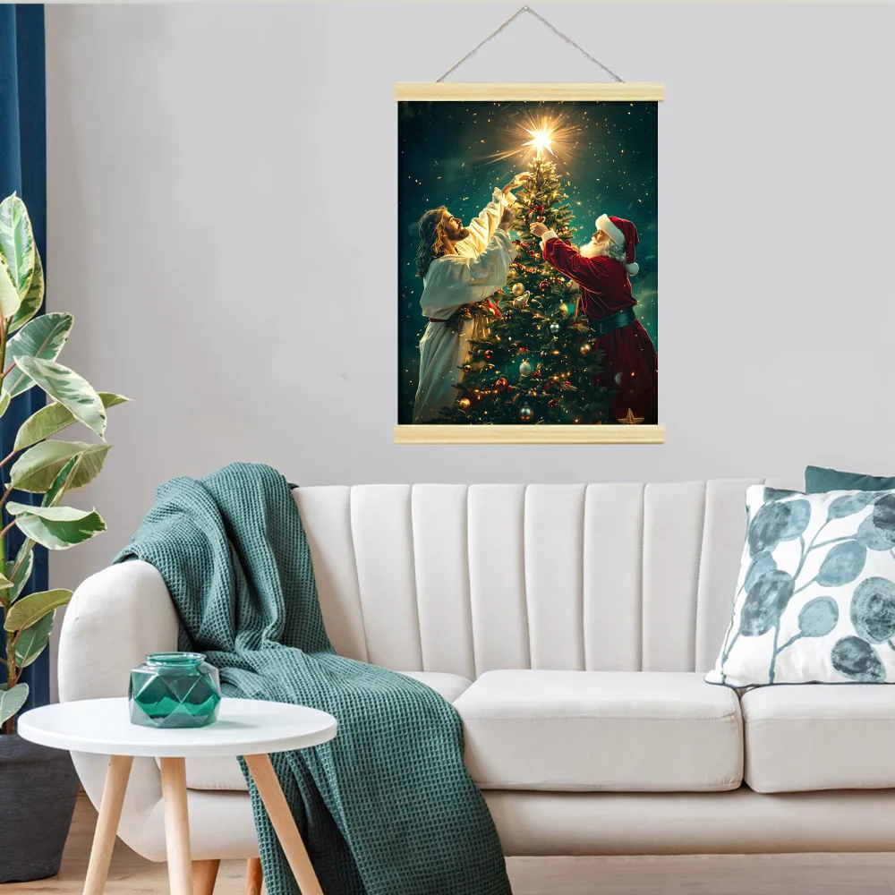 عيد الميلاد شنقا الصلبة الخشب التمرير قماش الفن الأحمر سانتا كلوز الرنة طباعة جدار لغرفة المعيشة غرفة نوم عطلة الديكور